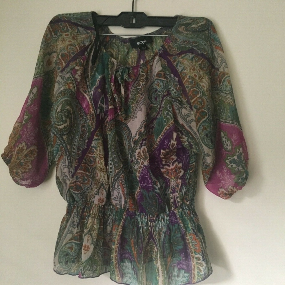 BCX Girl green, purple GIRLS Large TOP BLOUSE.